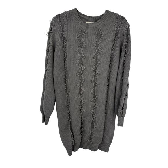 Adora M/L Gray Sweater Shift Dress Fringe Crew Neck Knit Boho Winter - Picture 1 of 9